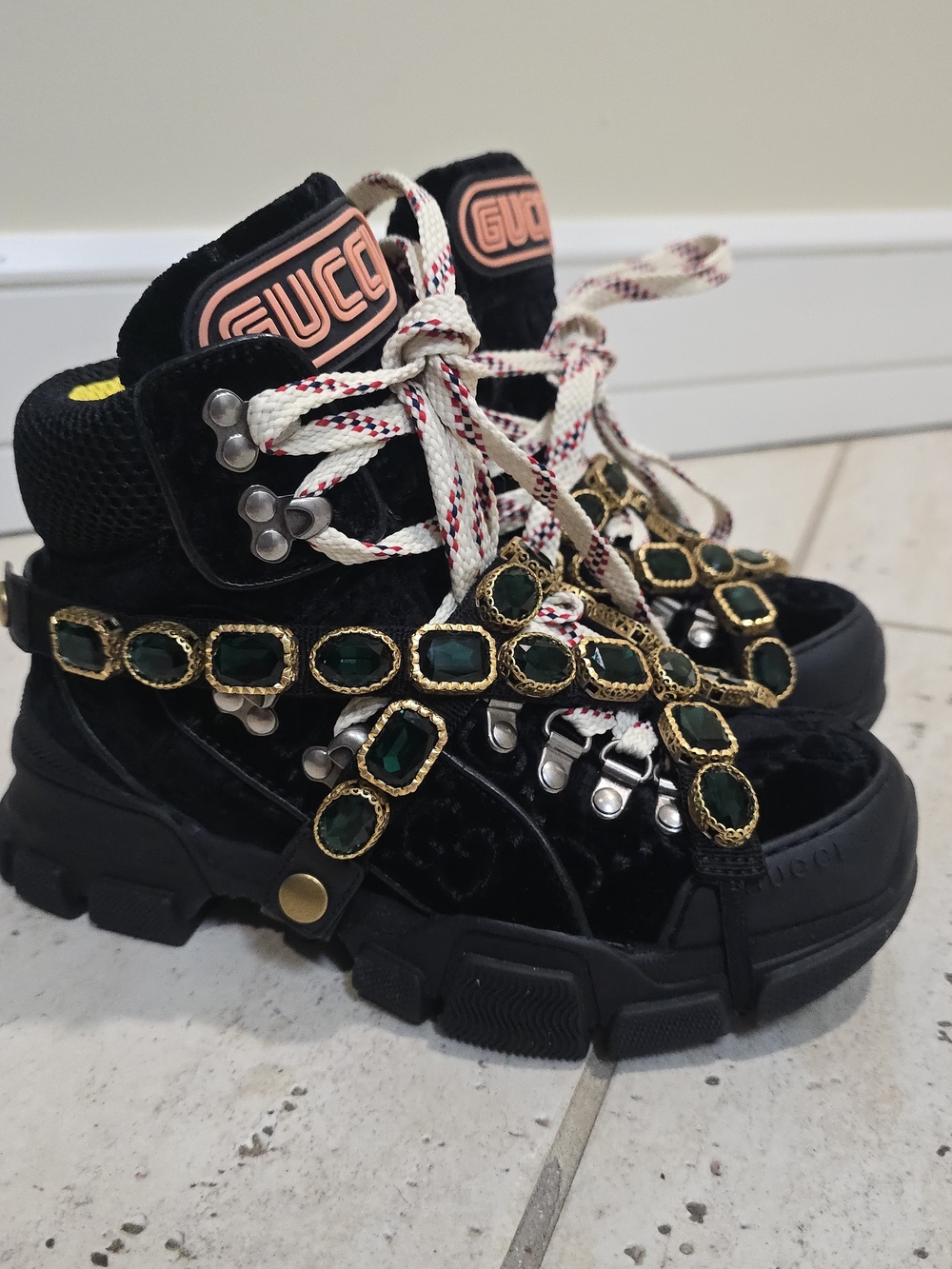Gucci Black Velvet Flashtrek Jeweled Hiking Sneakers